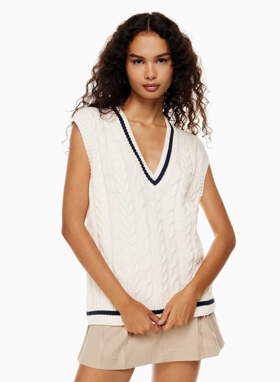 Sunday Best Winston Sweater Vest Cable Knit V-Neck Cream & Black Medium